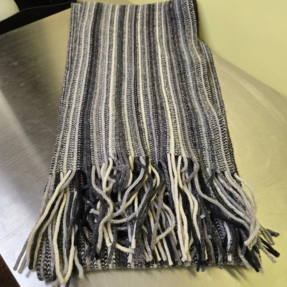 William Brunton Hand Knits Scotland 100% Pure Lambswool Gray/Black Striped Scarf